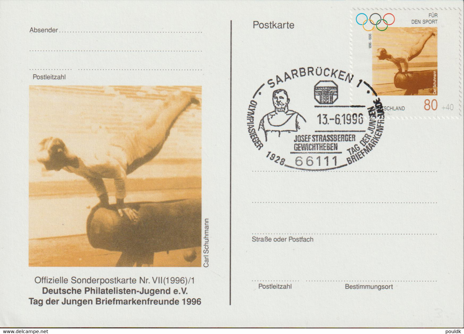 Germany Card Posted Saarbrücken 1996 Olympiasieger 1928 Josef Strassberger Gewichtheben (T2-46) - Weightlifting