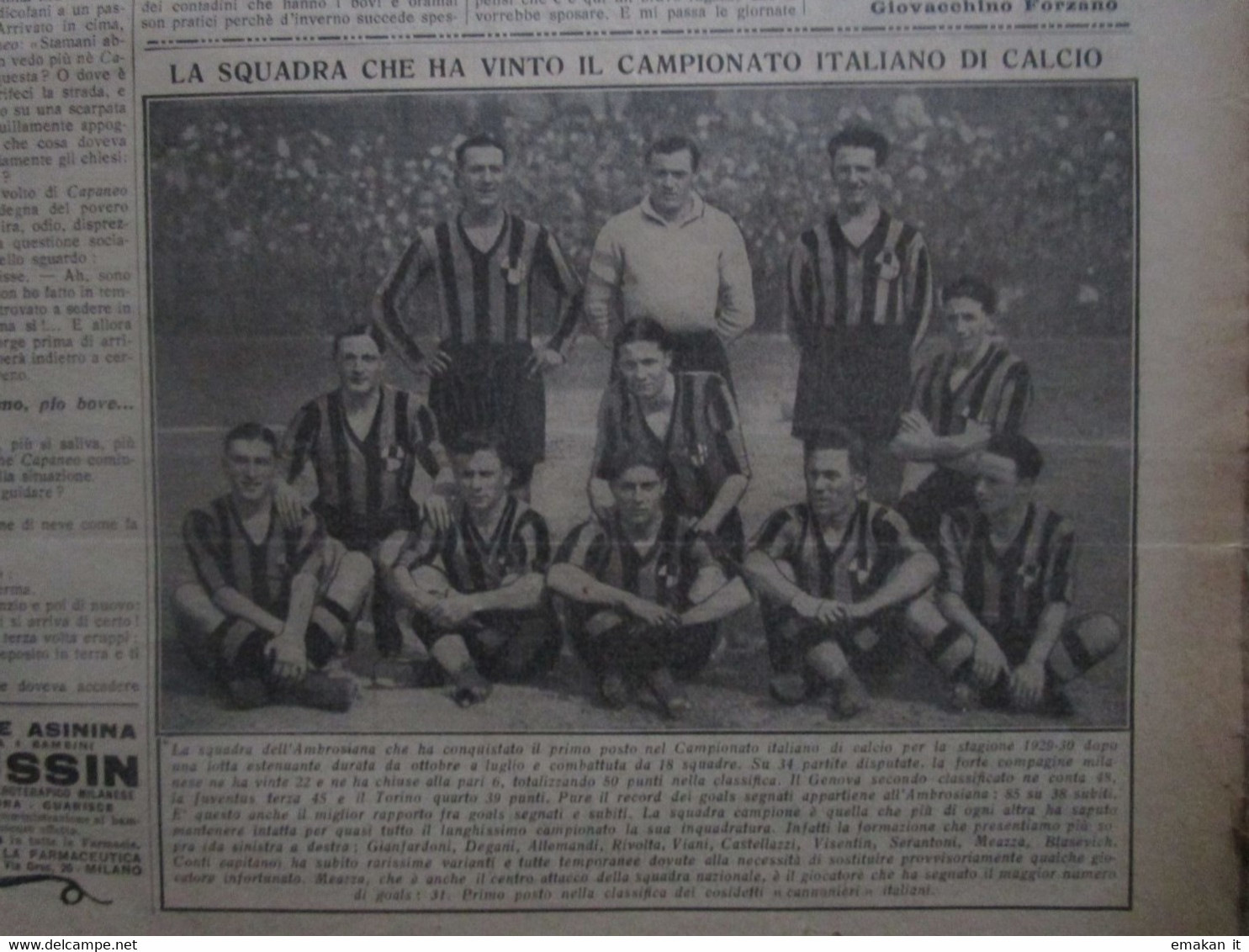 # DOMENICA DEL CORRIERE N 32 / 1930 AMBROSIANA CAMPIONE INTER / TERREMOTO MELFI /MONTELLO / COSTA D'AVORIO - Prime Edizioni