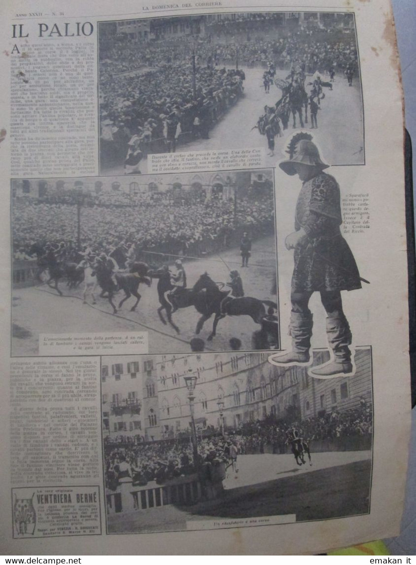 # DOMENICA DEL CORRIERE N 34 / 1930 LAGO DI BRAIES / PALIO DI SIENA / CANELLA E BRUNERI 64° REGG. BRIGATA CAGLIARI - Prime Edizioni