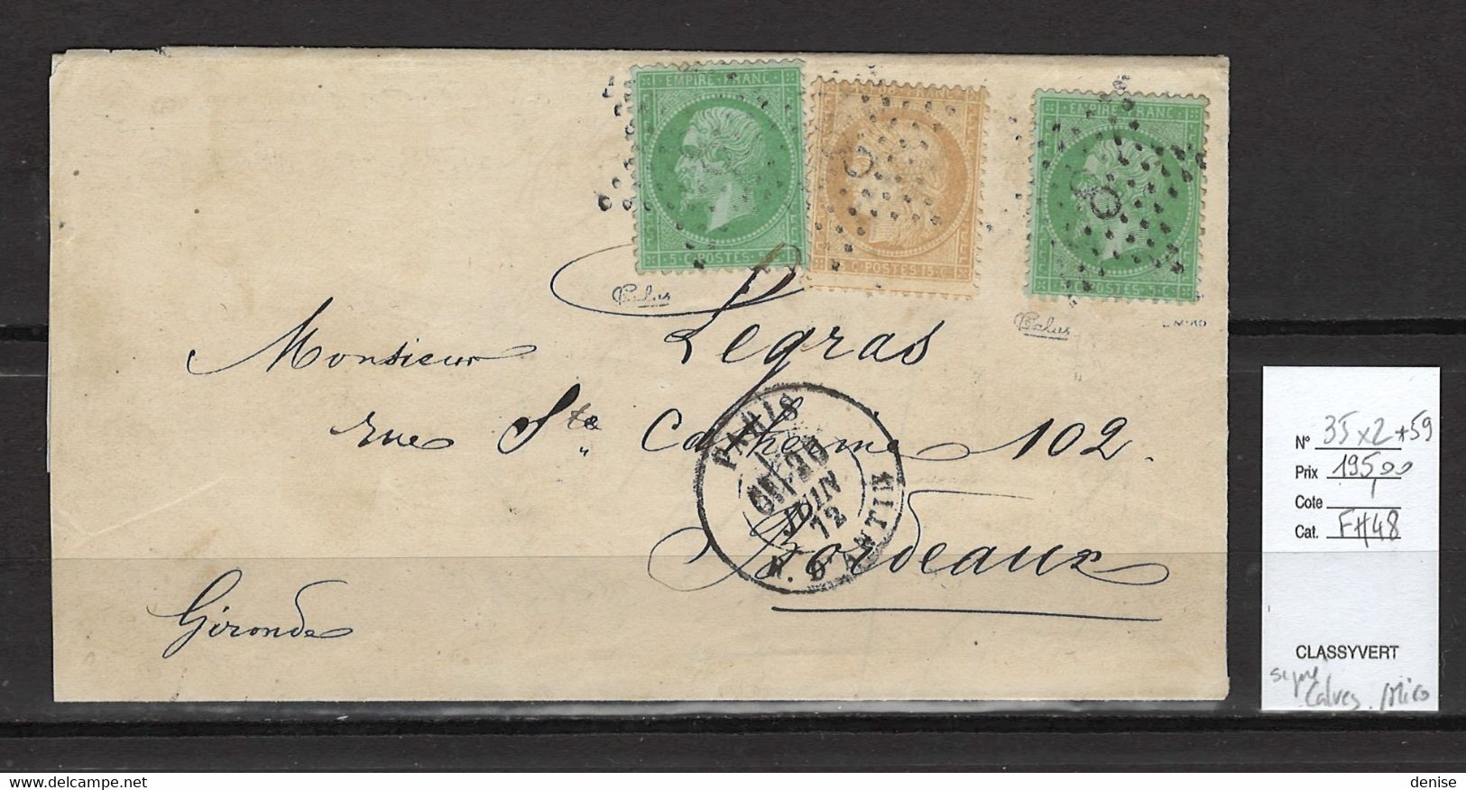 France - Lettre Paris Avec Yvert 35 X 2 - DEPART 10 % DE LA COTE - SIGNE CALVES ET MIRO - 06/1872 - 1849-1876: Période Classique