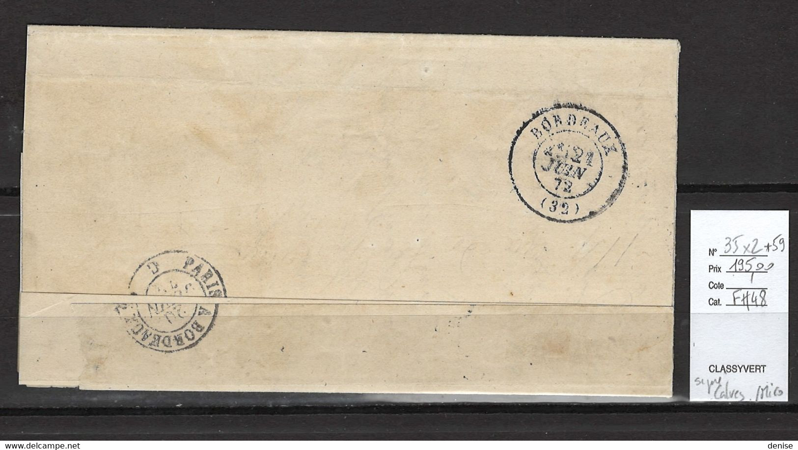 France - Lettre Paris Avec Yvert 35 X 2 - DEPART 10 % DE LA COTE - SIGNE CALVES ET MIRO - 06/1872 - 1849-1876: Période Classique