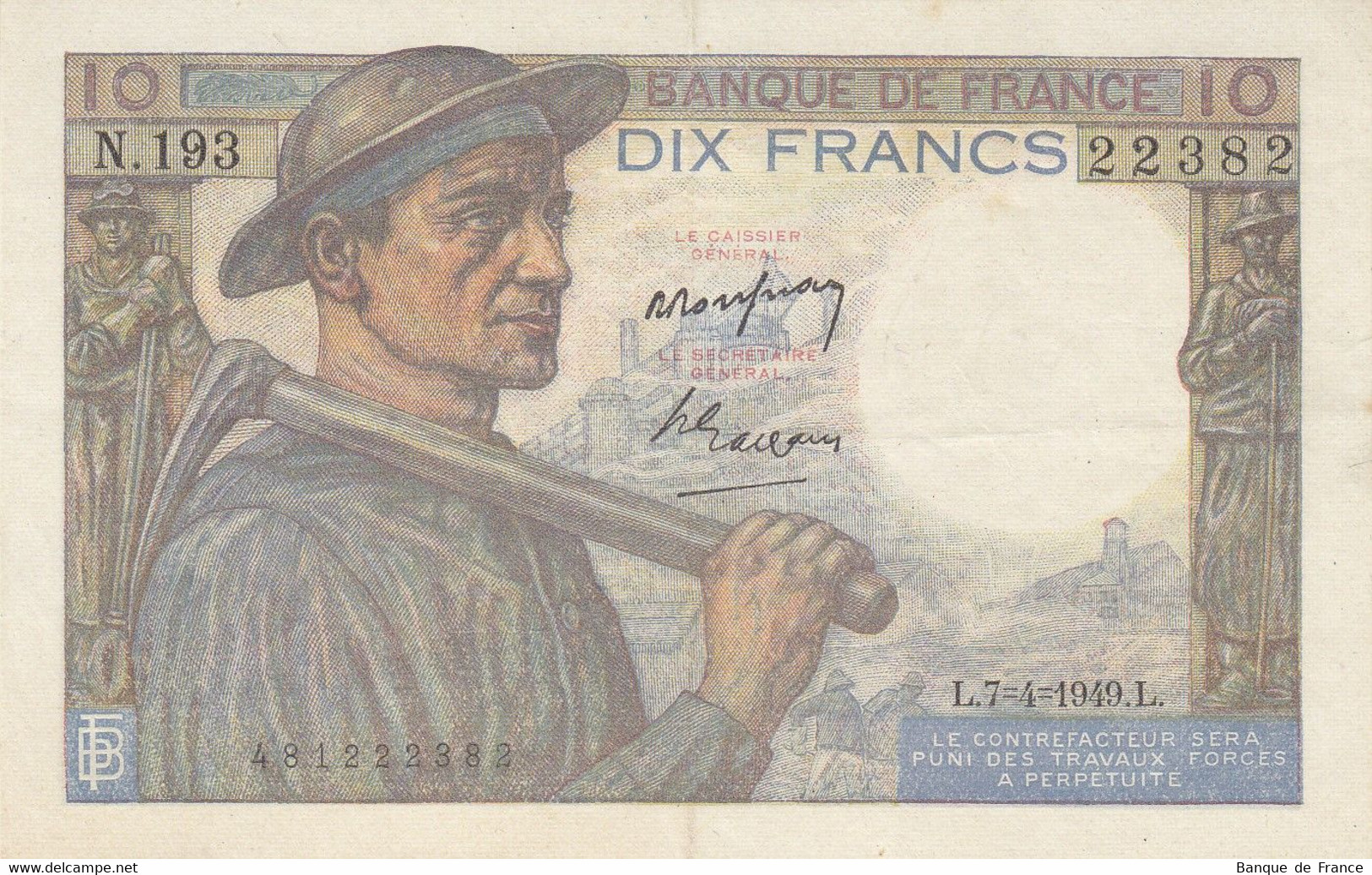 Billet 10 F Mineur Du 7-4-1949 FAY 08.21 Alph. N.193 - Sans épinglage - 10 F 1941-1949 ''Mineur''