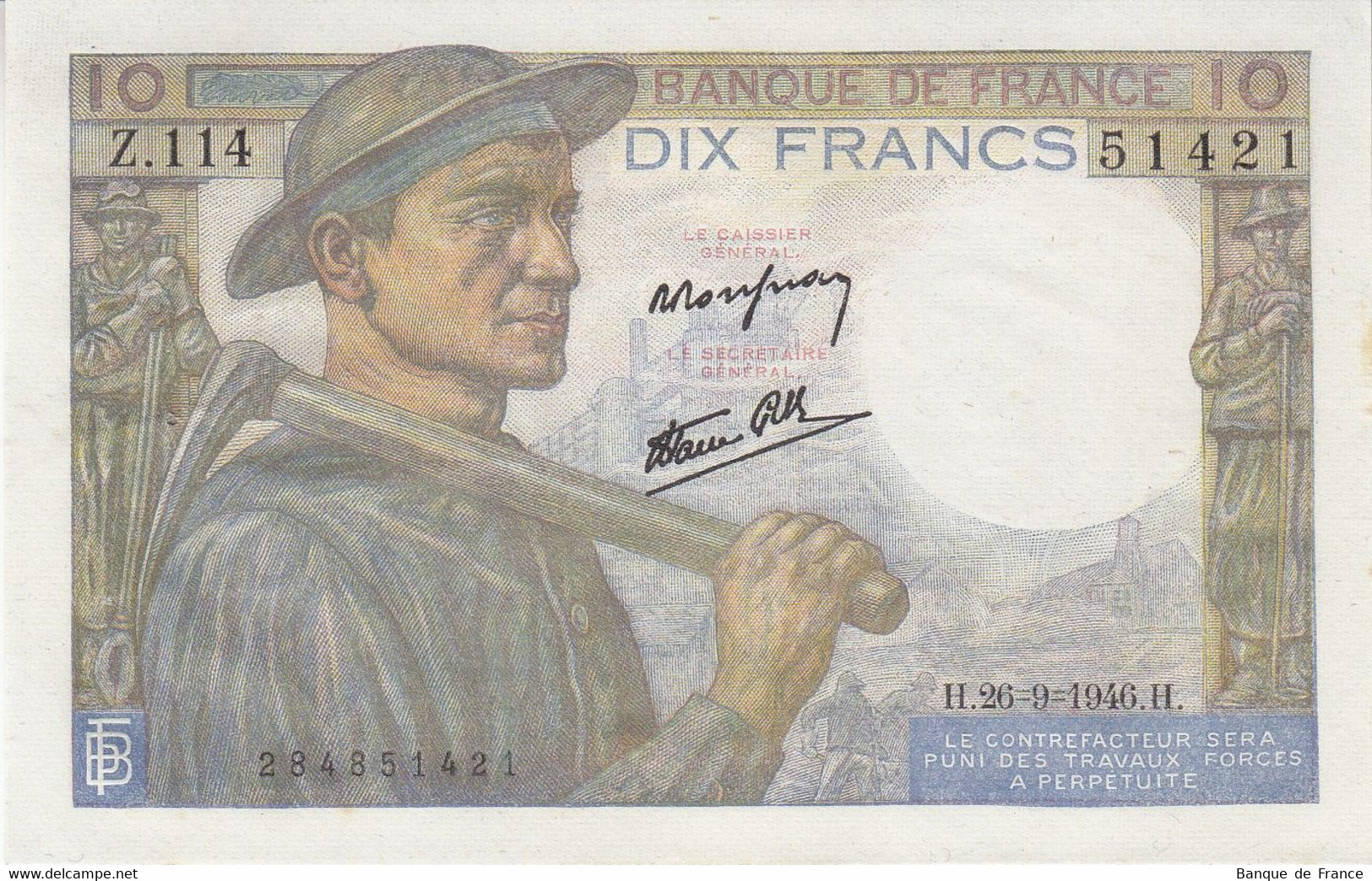 Billet 10 F Mineur Du 26-9-1946 FAY 08.15 Alph. Z.114 - 1 épinglage - 10 F 1941-1949 ''Mineur''