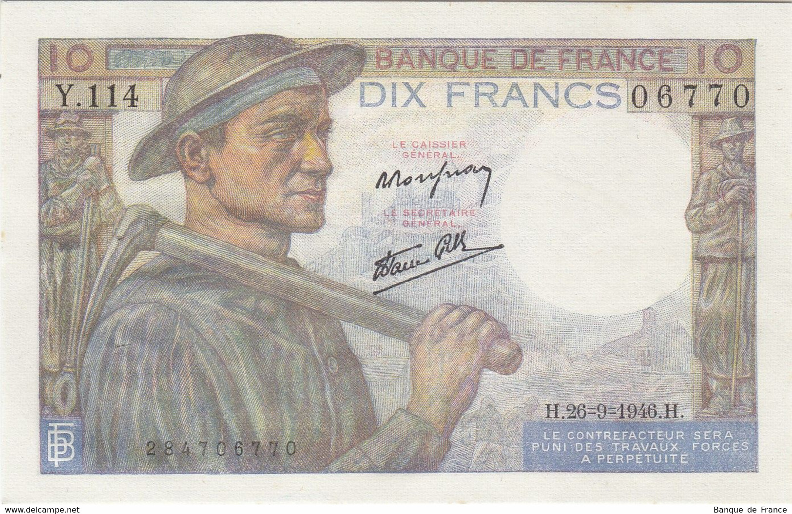 Billet 10 F Mineur Du 26-9-1946 FAY 08.15 Alph. Y.114 N° 06770 - 1 épinglage - 10 F 1941-1949 ''Mineur''