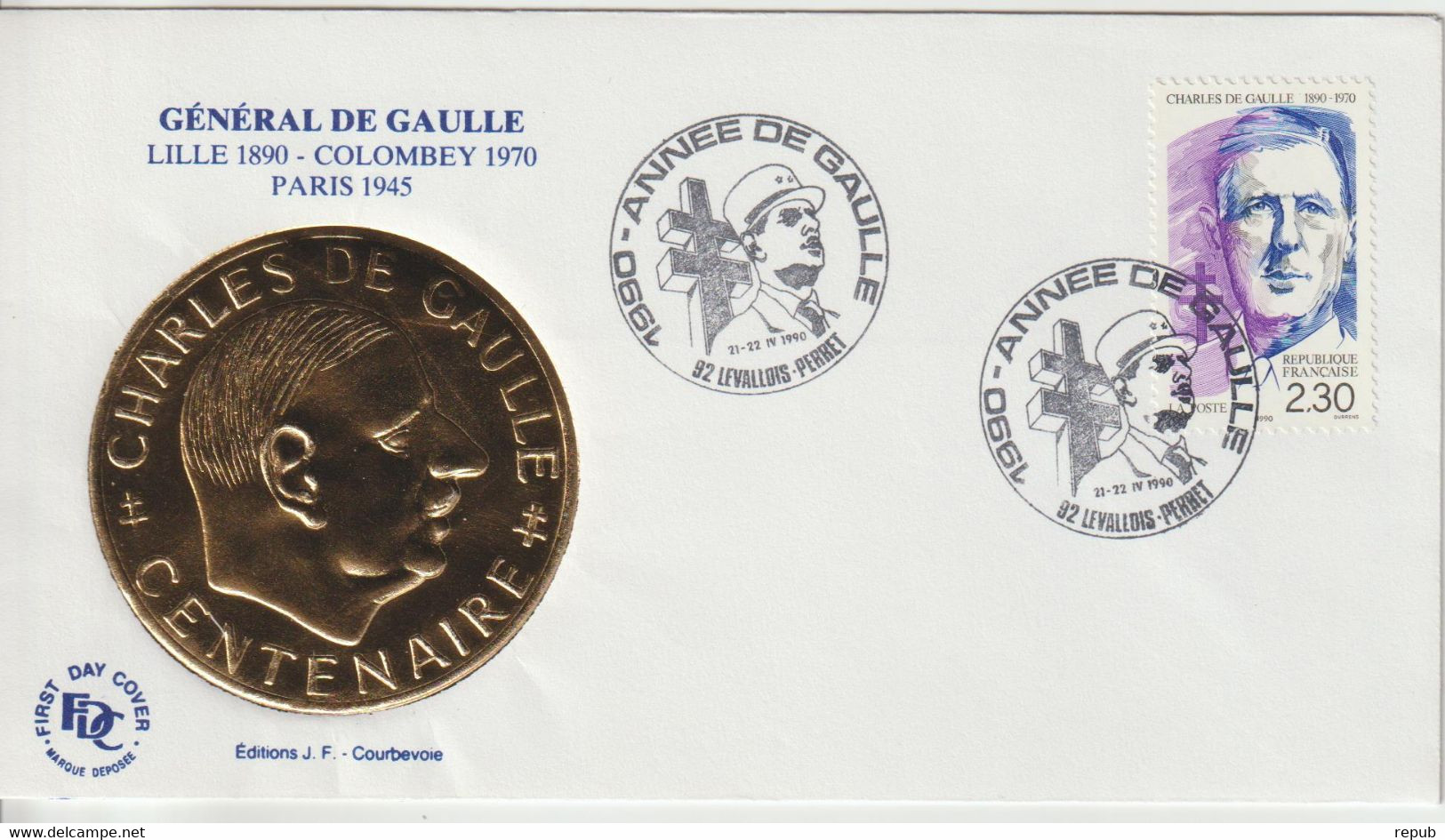 France 1990 Général De Gaulle Levallois-Perret (92) - Gedenkstempel