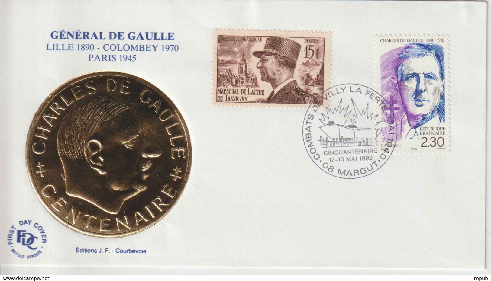 France 1990 Général De Gaulle Margut (08) - Gedenkstempels