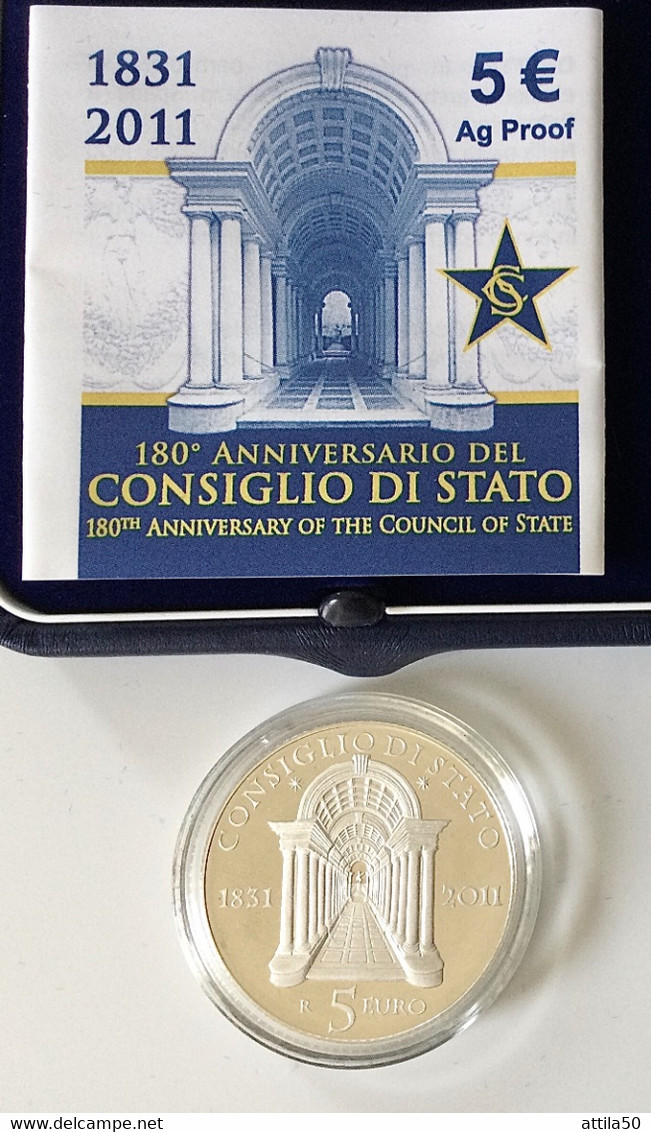 ITALIA - CONSIGLIO DI STATO, 180mo Anniversario - Moneta €5 D’arg. 925/1000 Gr.18 - Diam.32. Anno 2011. - Set Fior Di Conio