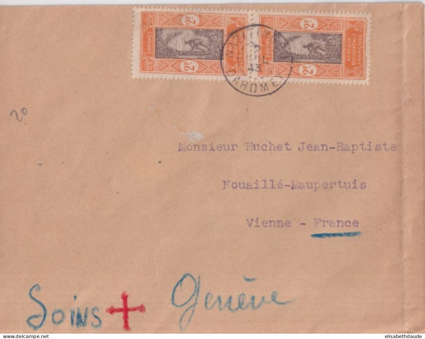 1943 - DAHOMEY - ENVELOPPE De NATITINGOU (RARE) !! => VIENNE - "SOINS CROIX-ROUGE GENEVE" ! - Covers & Documents