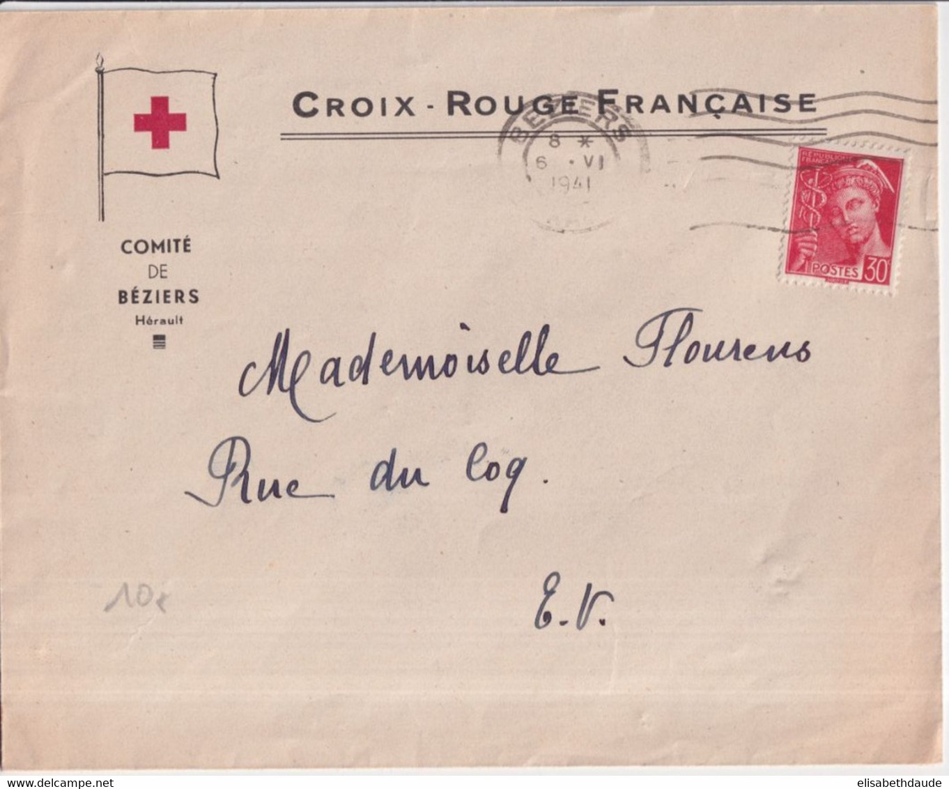 1941 - CROIX-ROUGE - ENVELOPPE Du COMITE De BEZIERS (HERAULT) - Cruz Roja