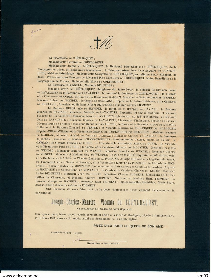 Faire-part De Décès, Noblesse, 1904 - Vicomte Du COETLOSQUET, Ordre Du St Sépulcre, Rambervillers - Obituary Notices