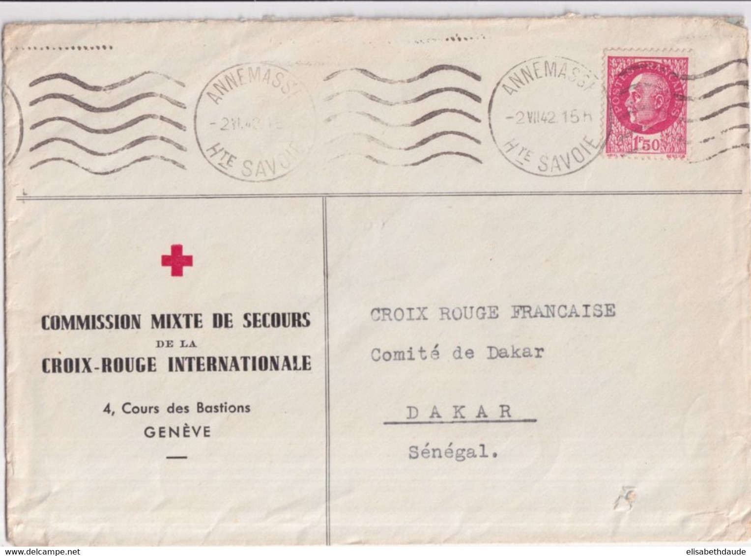 1943 - CROIX-ROUGE FRANCAISE - ENVELOPPE COMMISSION MIXTE SECOURS AFFR. à ANNEMASSE ! => DAKAR (SENEGAL) - RED CROSS - Cruz Roja