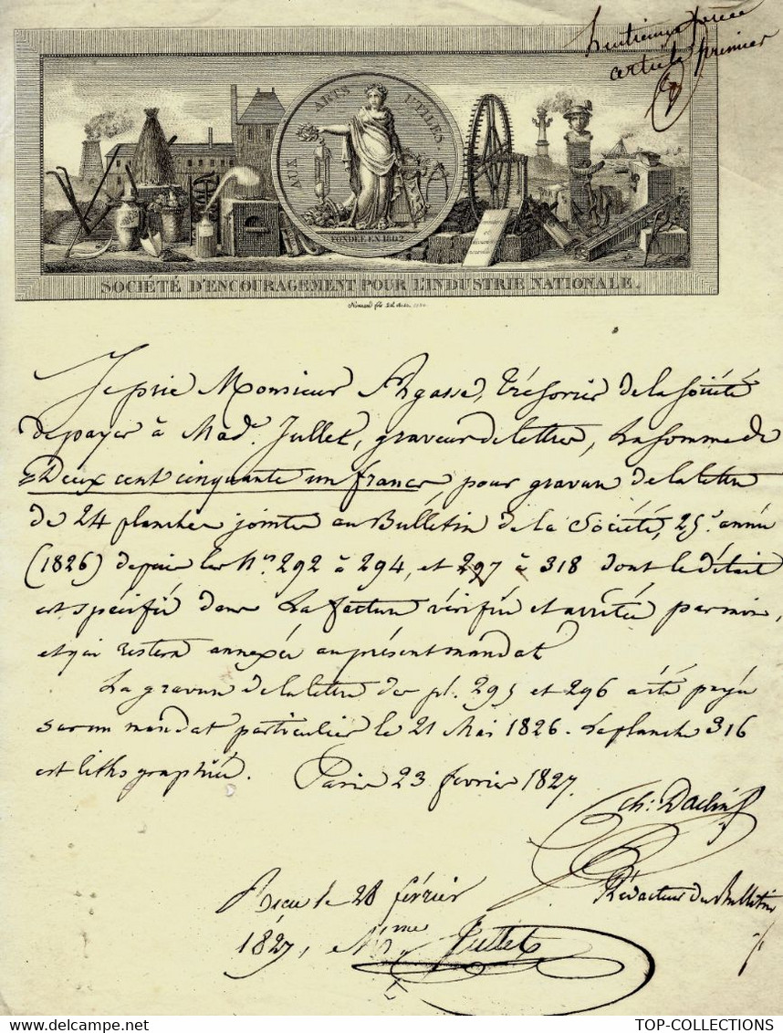 1827 LETTRE VIGNETTE SOCIETE D’ENCOURAGEMENT POUR L’INDUSTRIE NATIONALE - Documents Historiques