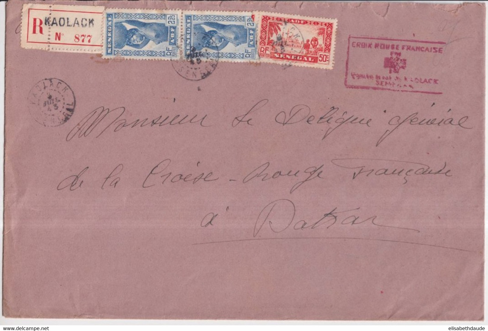 1943 - CROIX-ROUGE SENEGAL - ENV. GF RECOMMANDEE De KAOLACK !! => DAKAR - RED CROSS - Storia Postale