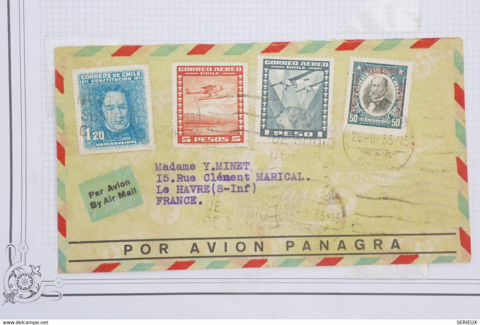 AW14 CHILI  BELLE  LETTRE   1935 PAR AVION  PANAGRA     POUR LE HAVRE  FRANCE  +SURCHARGES +++AFFRANCH. INTERESSANT - Chili