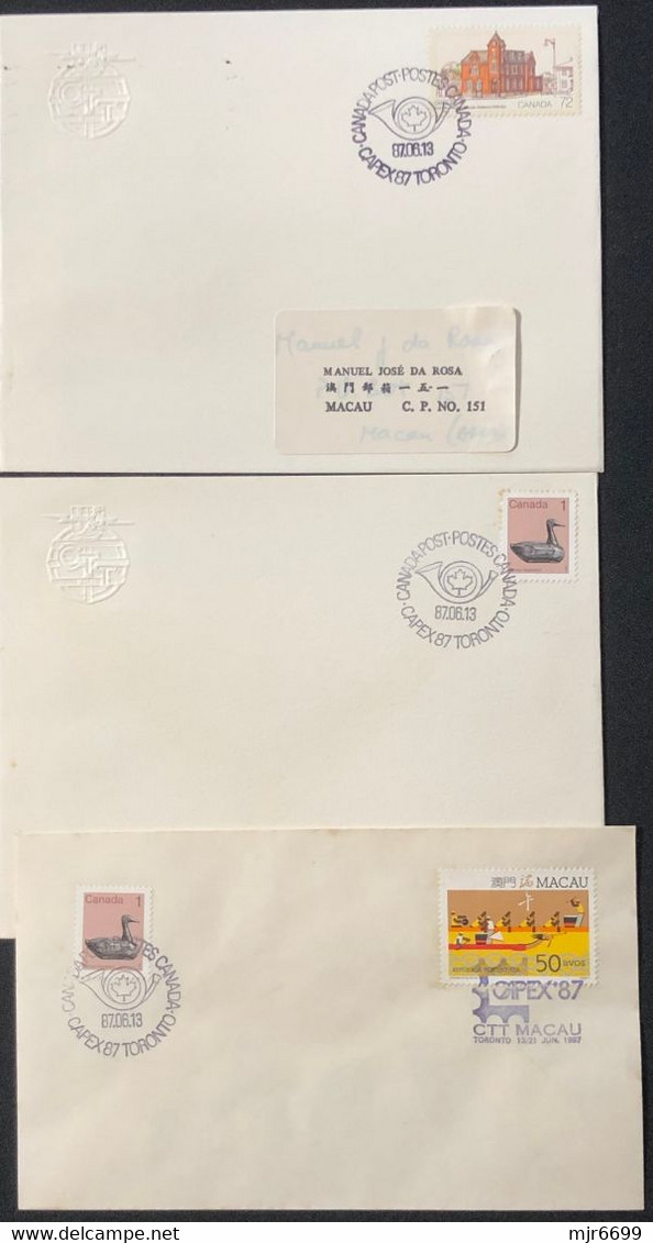 MACAU-CANADA 1987 CAPEX"87 COMMEMORATIVE CANCELATION ON 3 COVERS - Lettres & Documents