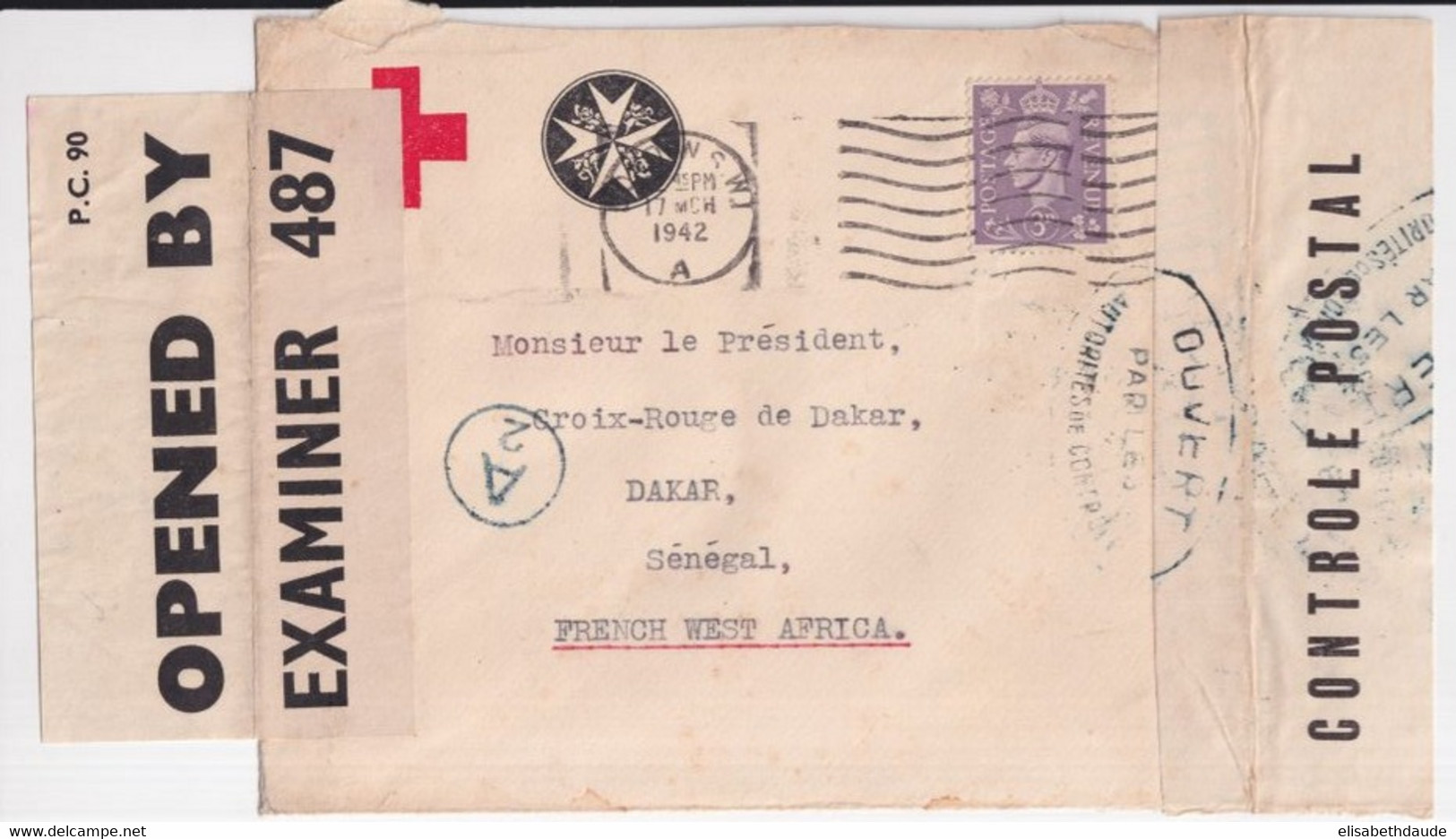 1943 - CROIX-ROUGE - ENVELOPPE DOUBLE CENSURE ! De LONDON => DAKAR (SENEGAL) ! - Rotes Kreuz