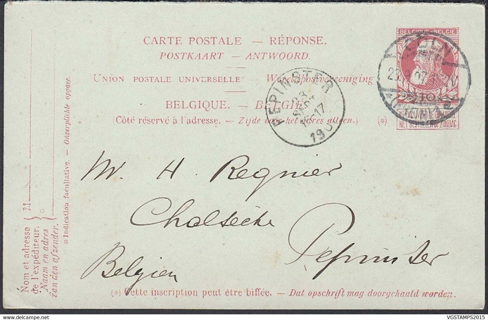 Belgique 1907- Entier Postal 10 Cts  Carte Réponse Oblitére Coln -Allemagne Vers Pepinster.. (DD) DC-11027 - 1905 Thick Beard