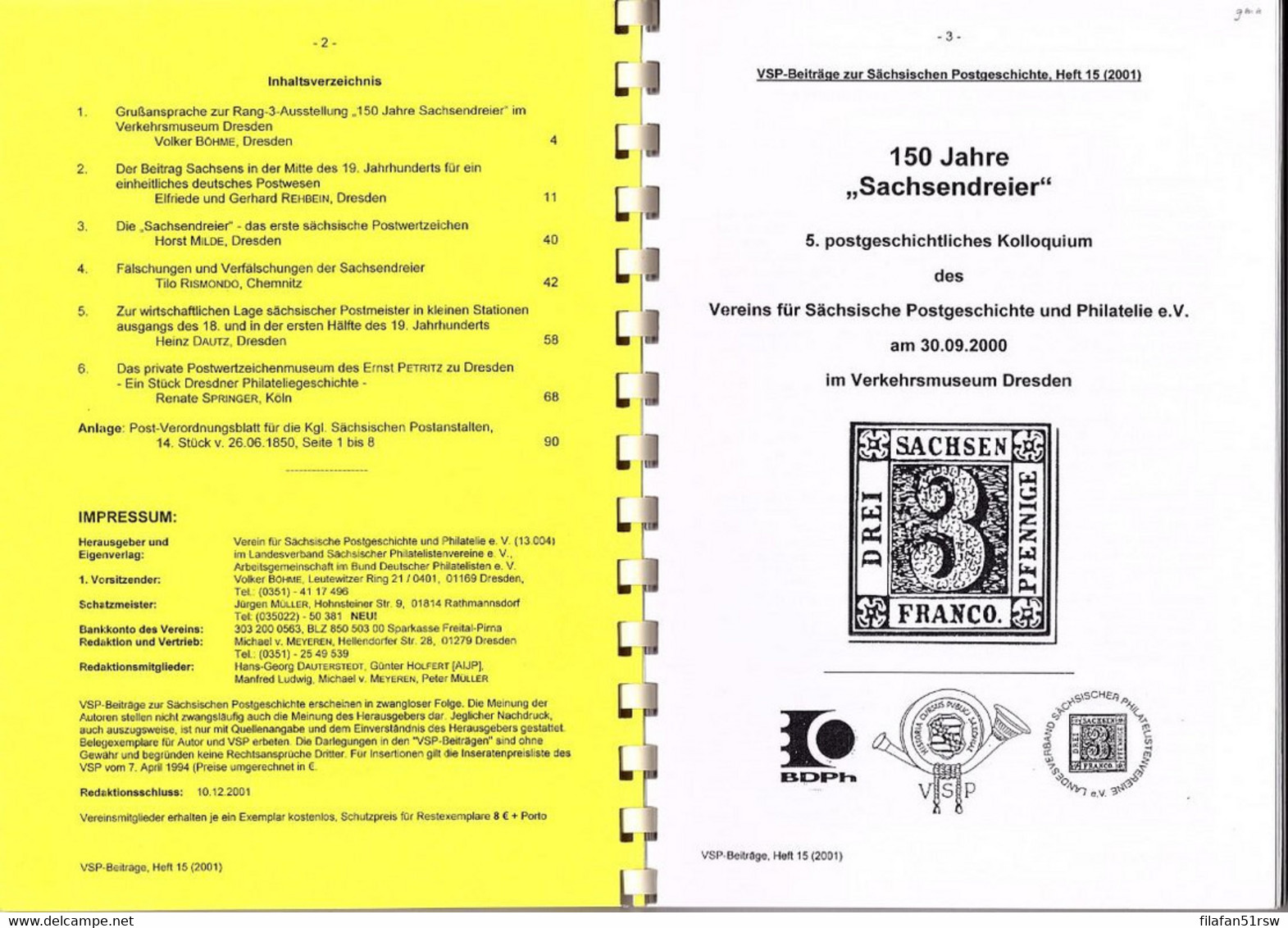 VSP Heft 15 2001, 150 Jahre Sachsendreier, 5. Postgeschichtliches Kolloquium 2000, - Philatelie Und Postgeschichte