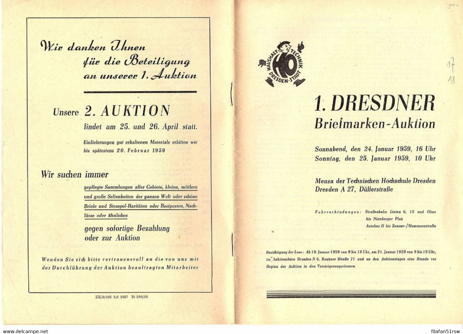 Dresdner Briefmarken-Auktion 1. 1959, Auktionskatalog, Mensa Der Technischen Hochschule Dresden - Filatelia E Historia De Correos