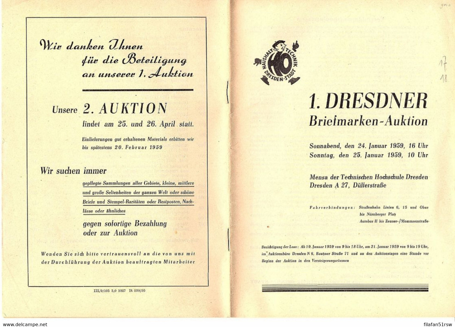 Dresdner Briefmarken-Auktion 1. 1959, Auktionskatalog, Mensa Der Technischen Hochschule Dresden - Philatelie Und Postgeschichte