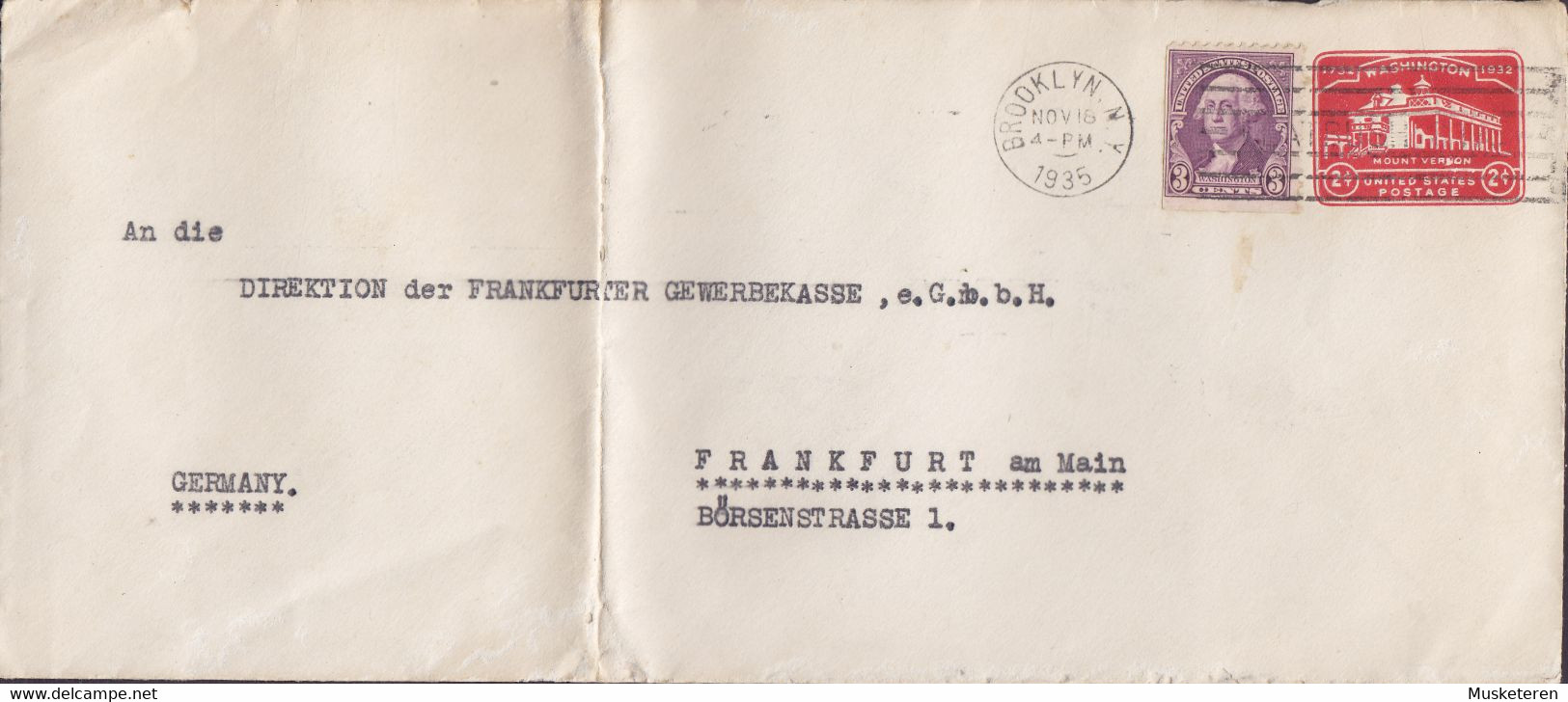 United States Uprated Postal Stationery Ganzsache Mount Vernon BROOKLYN N.Y. 1935 FRANKFURT Am Main Germany 2-Sided Perf - 1921-40