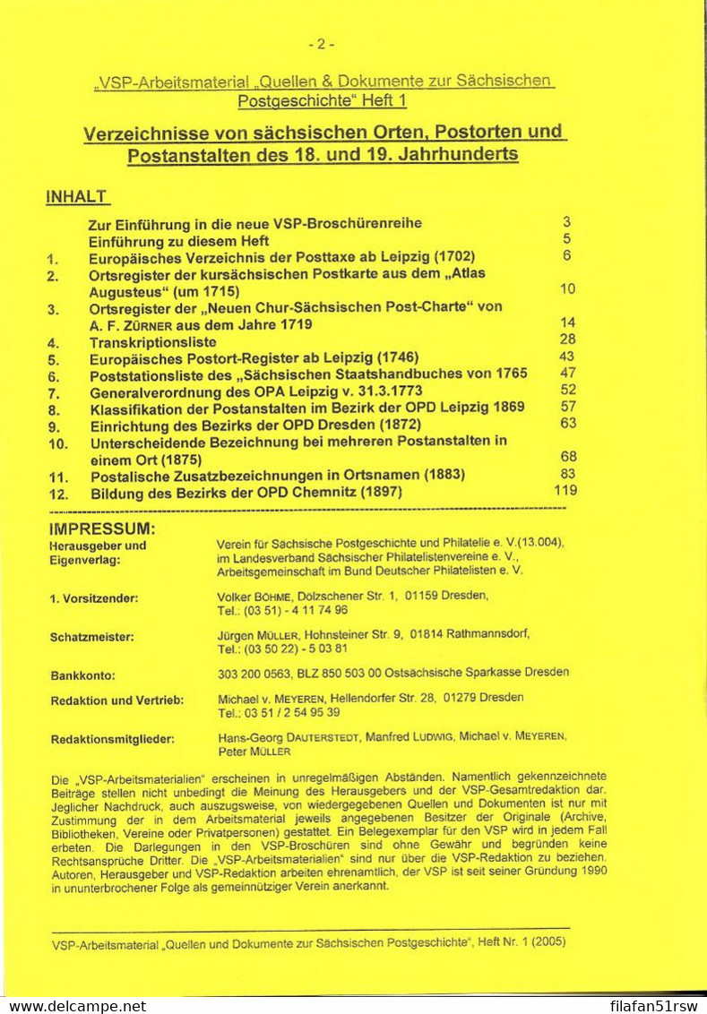 VSP Heft 1 2005 Verzeichnisse Von Sächsischen Orten, Postorten Und Postanstalten Des 18. Und 19. Jahrhunderts - Philatelie Und Postgeschichte