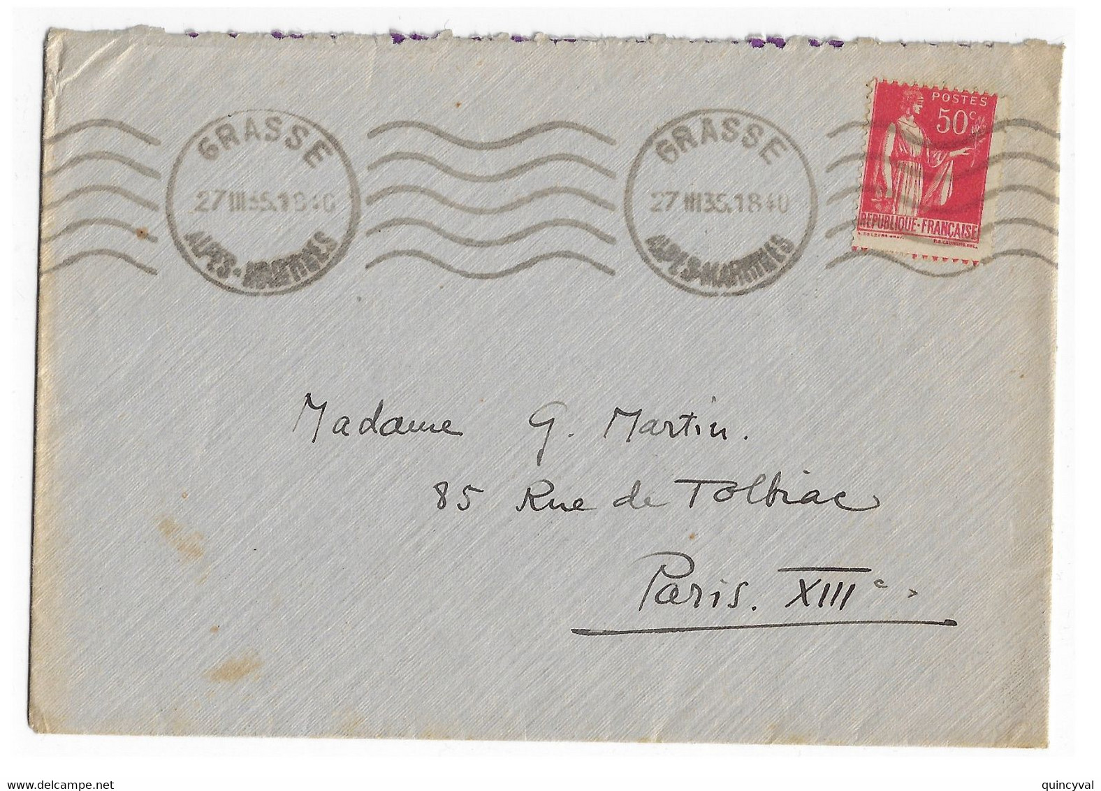 GRASSE Alpes Maritimes Lettre 50c Paix Rouge Yv 283 Ob 1935 Piquage Décalé BAS Et Droite Verso Vignette Tuberculose 1934 - 1932-39 Vrede