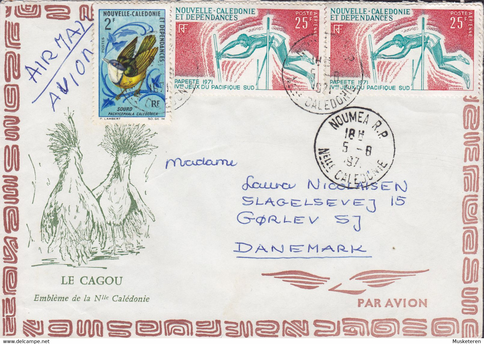 New Caledonia Nouvelle Caledonie LA CAGAU Cachet NOUMEA 1971 Cover Lettre Denmark Bird Vogel Oiseau 2x Jeux Pacifique - Lettres & Documents