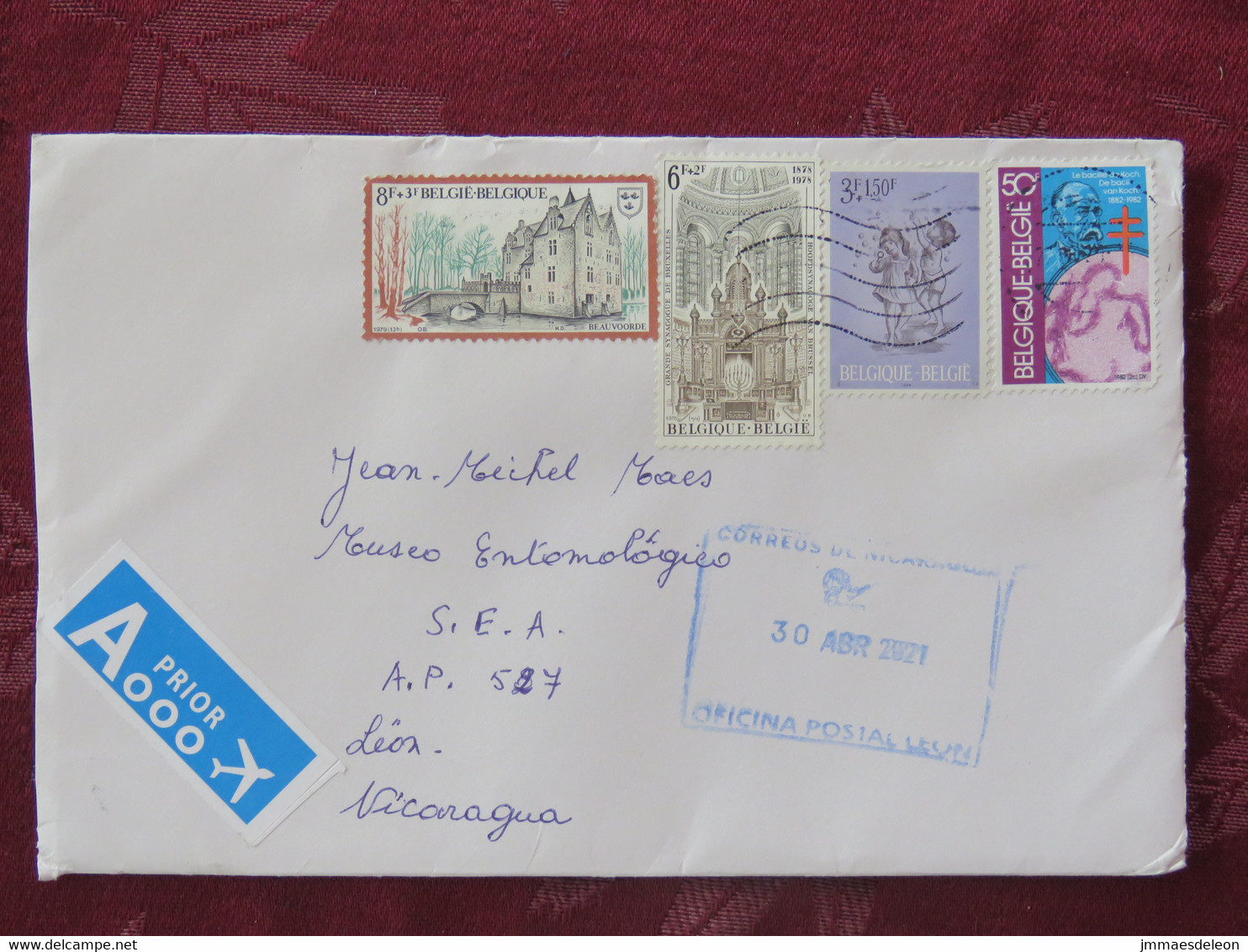 Belgium 2021 Cover To Nicaragua - Castle Beauvoorde Children Tuberculosis Koch Synagogue - Brieven En Documenten