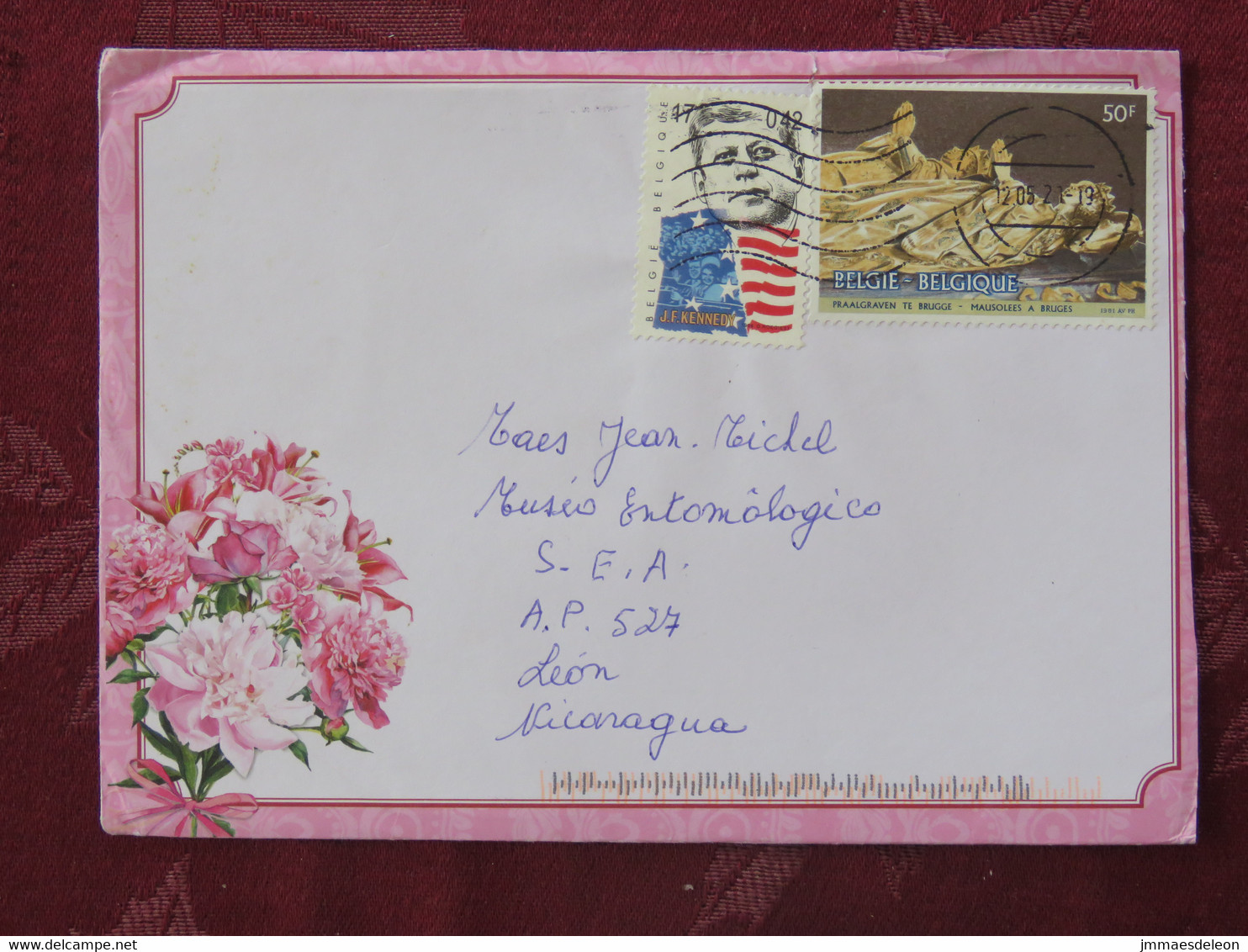 Belgium 2021 Cover To Nicaragua - Kennedy - USA Flag - Statue Mausolee Bruges - Cartas & Documentos