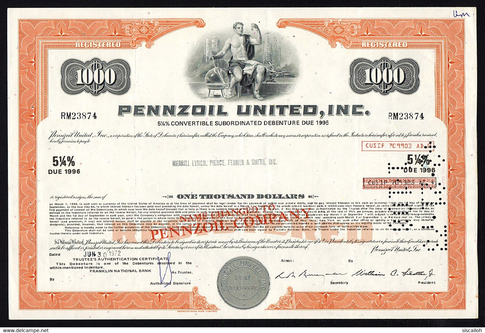 1972 Pennzoil United, Inc. - Motor Oil - $1000 Debentrure - Aardolie