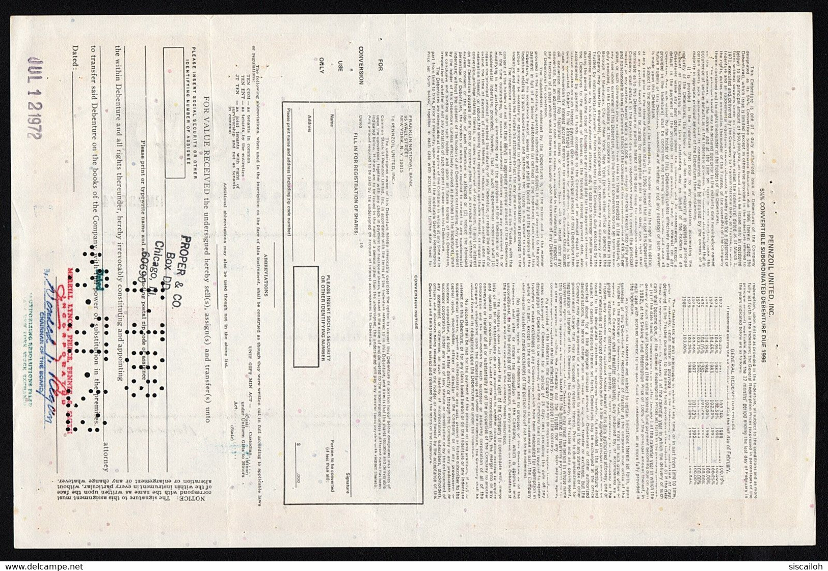 1972 Pennzoil United, Inc. - Motor Oil - $1000 Debentrure - Oil