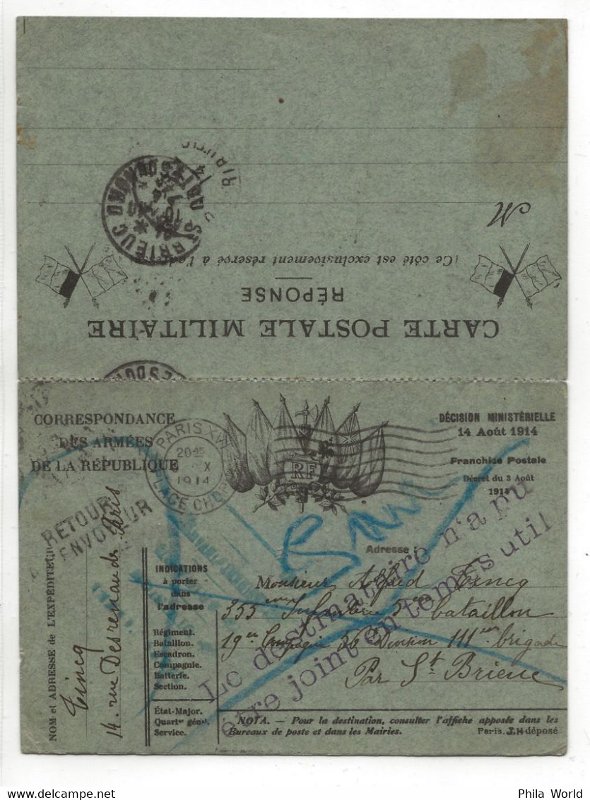 WW1 1914 Carte Postale Militaire Réponse Paris Saint Brieuc Retour Envoyeur Destinataire Pu Joint En Temps Lettre PTT - Guerre De 1914-18