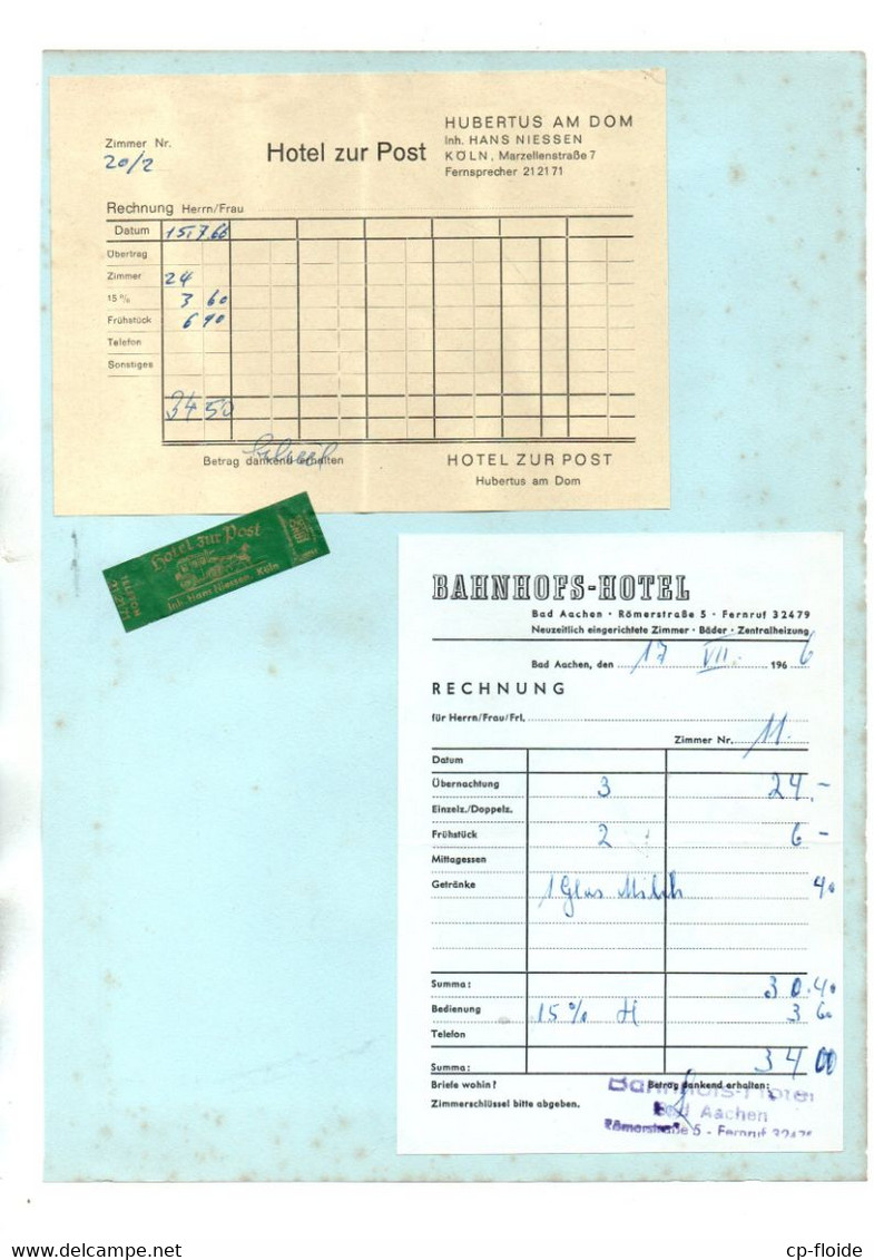 ALLEMAGNE . DEUTSCHLAND . 2 FACTURES . " BAHNHOFS-HOTEL " BAD AACHEN + " HOTEL ZUR POST " KÖLN - Réf. N°150P - - 1950 - ...