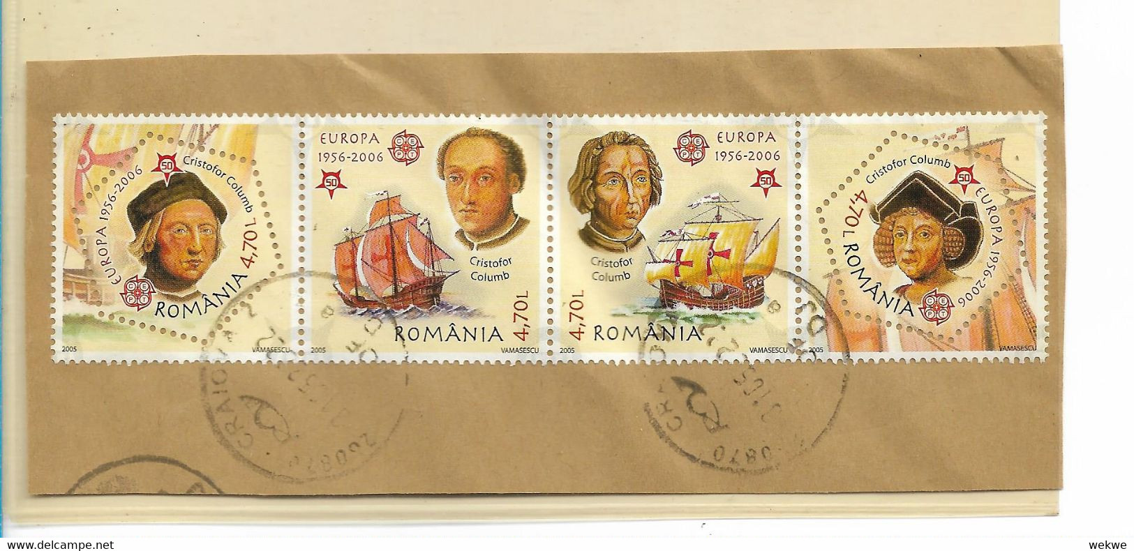 RUMÄNIEN 004 / Fragment Mit 4-er Streifen Columbus (Kolumbus)  2006 O - Usati