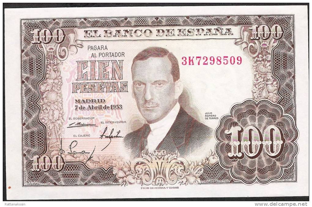 SPAIN  P145   100 PESETAS   7.4.1953  3K       UNC. - 100 Pesetas