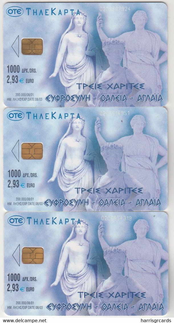 GREECE - Three Graces Set 3 Cards ,  2.93€ , Tirage 200.000, 08/01, Used - Grèce