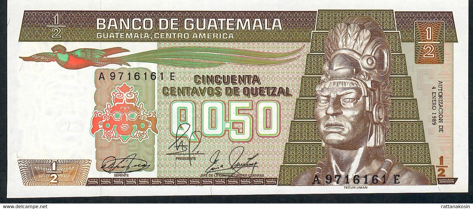 GUATEMALA  RARE VARIETY P65 1/2 QUETZAL 4.1.1989 G & D  Attention à L'imprimeur !! UNC. - Guatemala