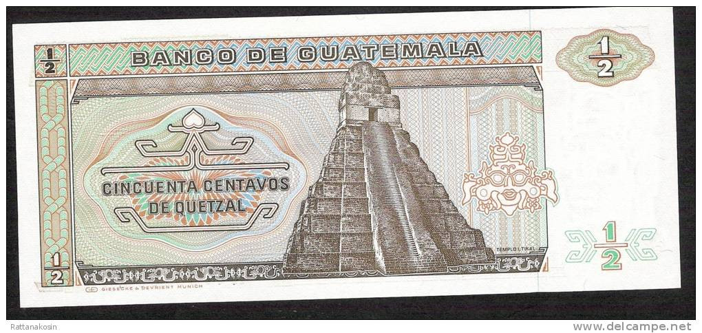 GUATEMALA  RARE VARIETY P65 1/2 QUETZAL 4.1.1989 G & D  Attention à L'imprimeur !! UNC. - Guatemala