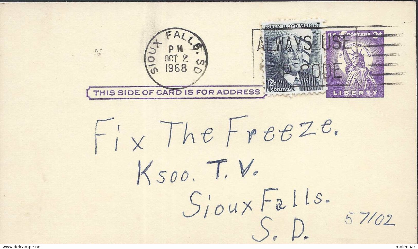 USA Briefkaart  UX46 Statue Of Liberty Met Bij Frankering Gebruikt Sioux Falls Oct-2-1968 (7326) - 1961-80