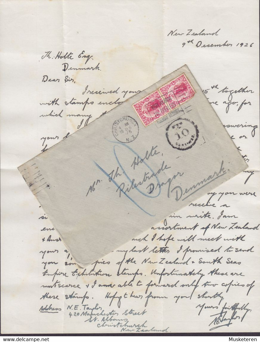 New Zealand CHRISTCHURCH 1926 Cover Brotype IIIa DRAGØR (NOT In Catalogue) Denmark TAXE Postage Due W. Original Letter - Covers & Documents