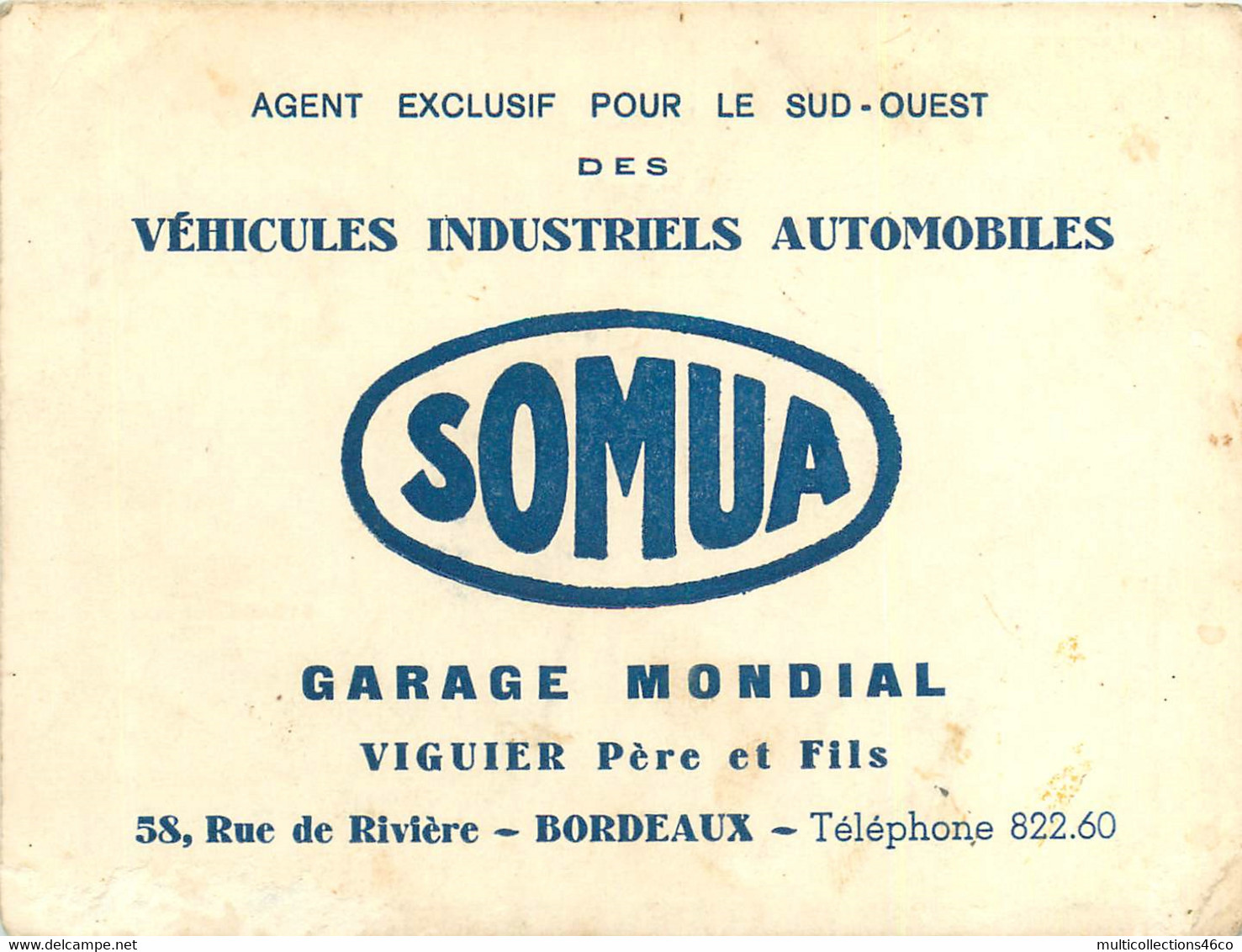 190622A - CARTE DE VISITE - 33 BORDEAUX Véhicule Automobie SOMUA GARAGE MONDIAL VIGUIER 58 Rue Rivière - Plan Ville - Cartoncini Da Visita