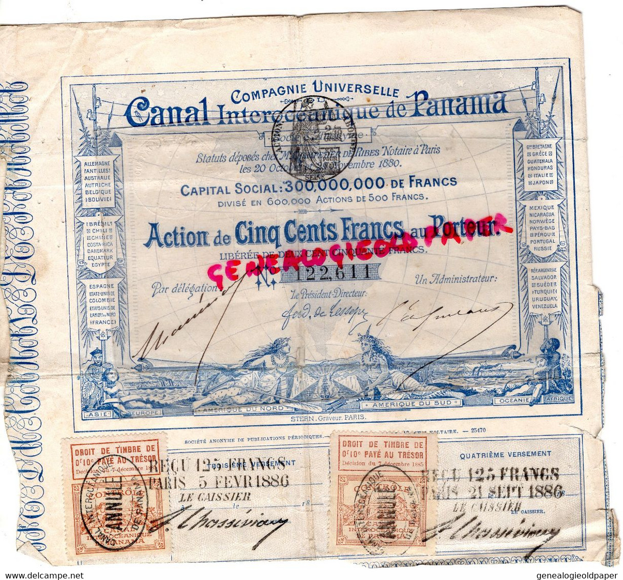 ACTION CINQ CENTS FRANCS CANAL INTEROCEANIQUE PANAMA- 1886- TIMBRE FISCAL 1885- - Navigazione