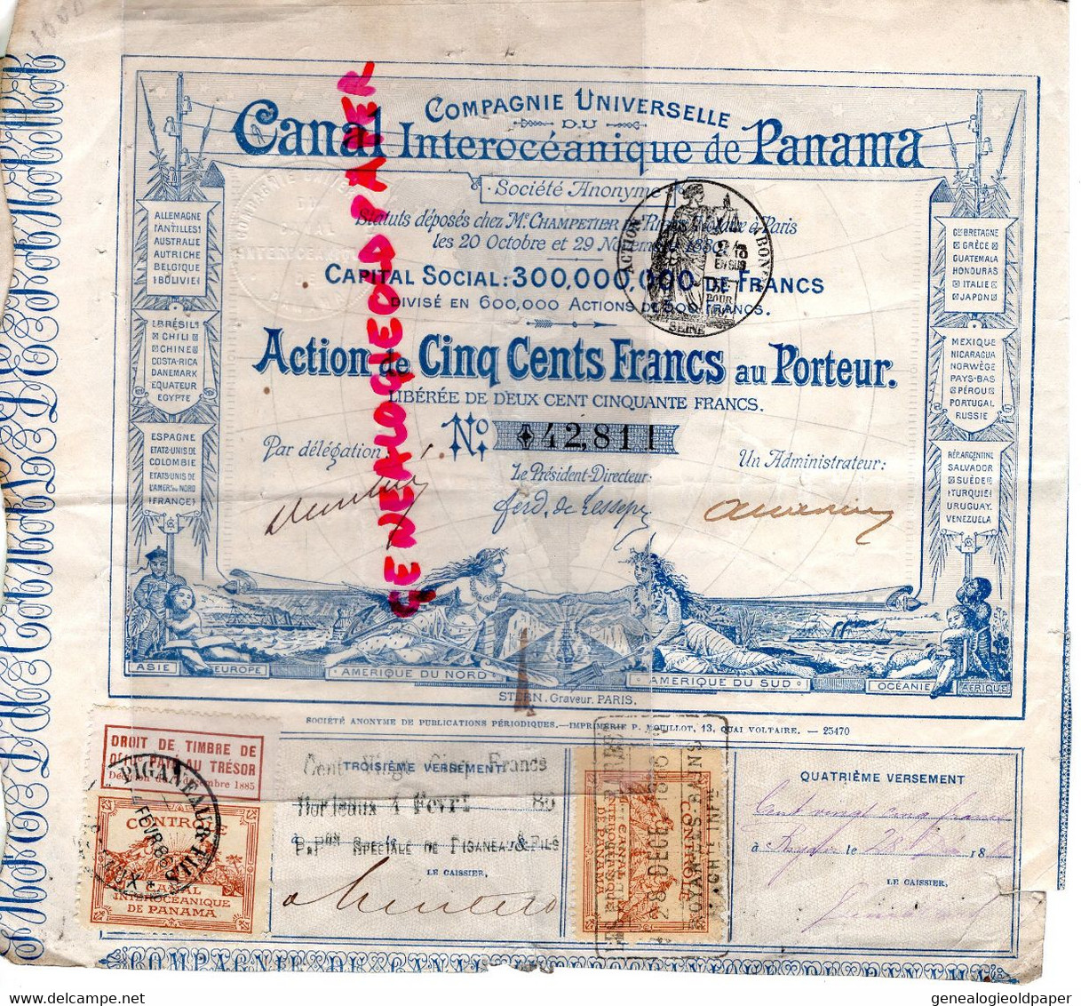 ACTION CINQ CENTS FRANCS CANAL INTEROCEANIQUE PANAMA- 1886-   TIMBRE FISCAL 1885- - Navy