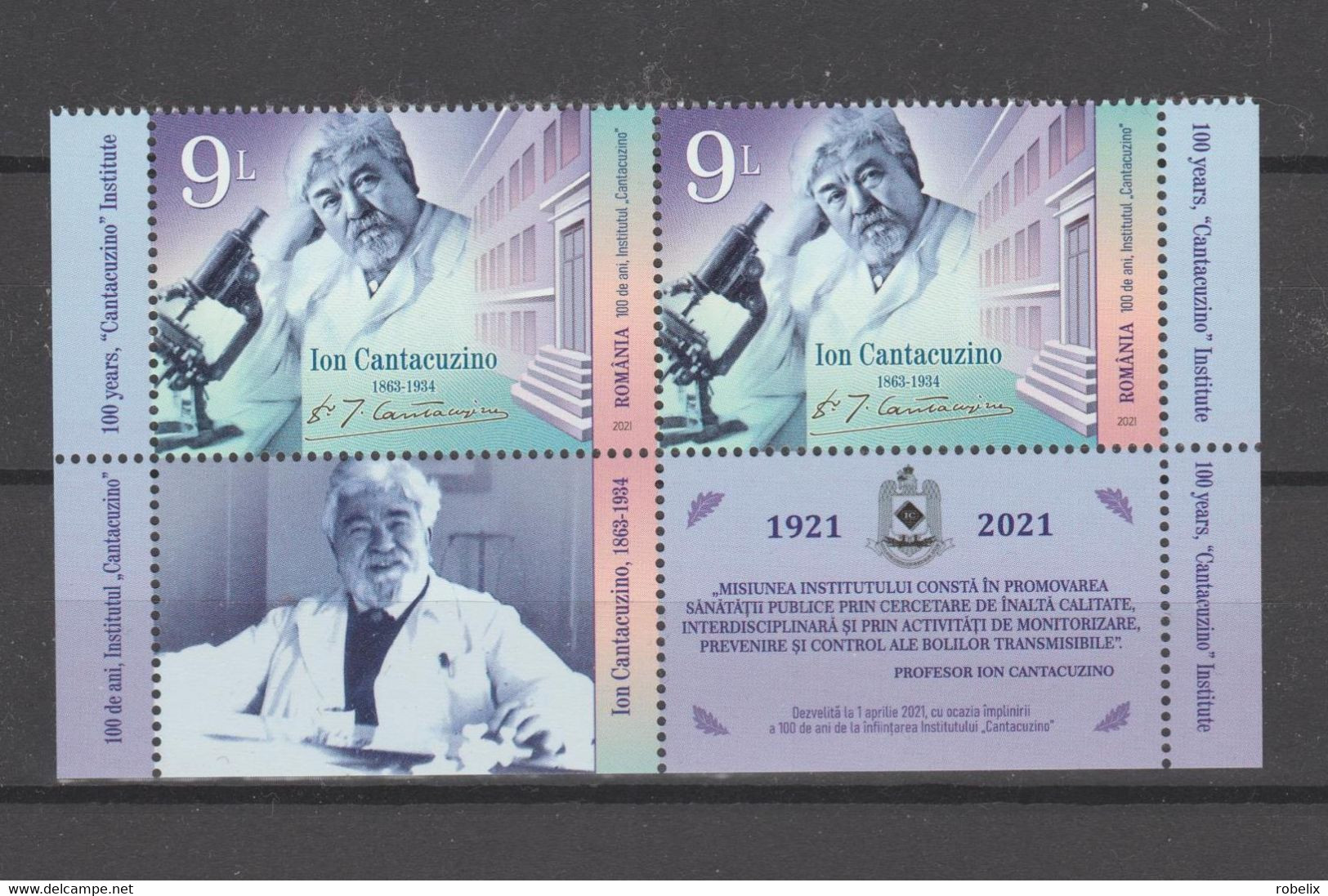 ROMANIA 2021 -100 Years Cantacuzino Institute Of Microbiology And Immunology -" - 2 Sets Of 1 Stamp With Tabs  MNH** - Neufs