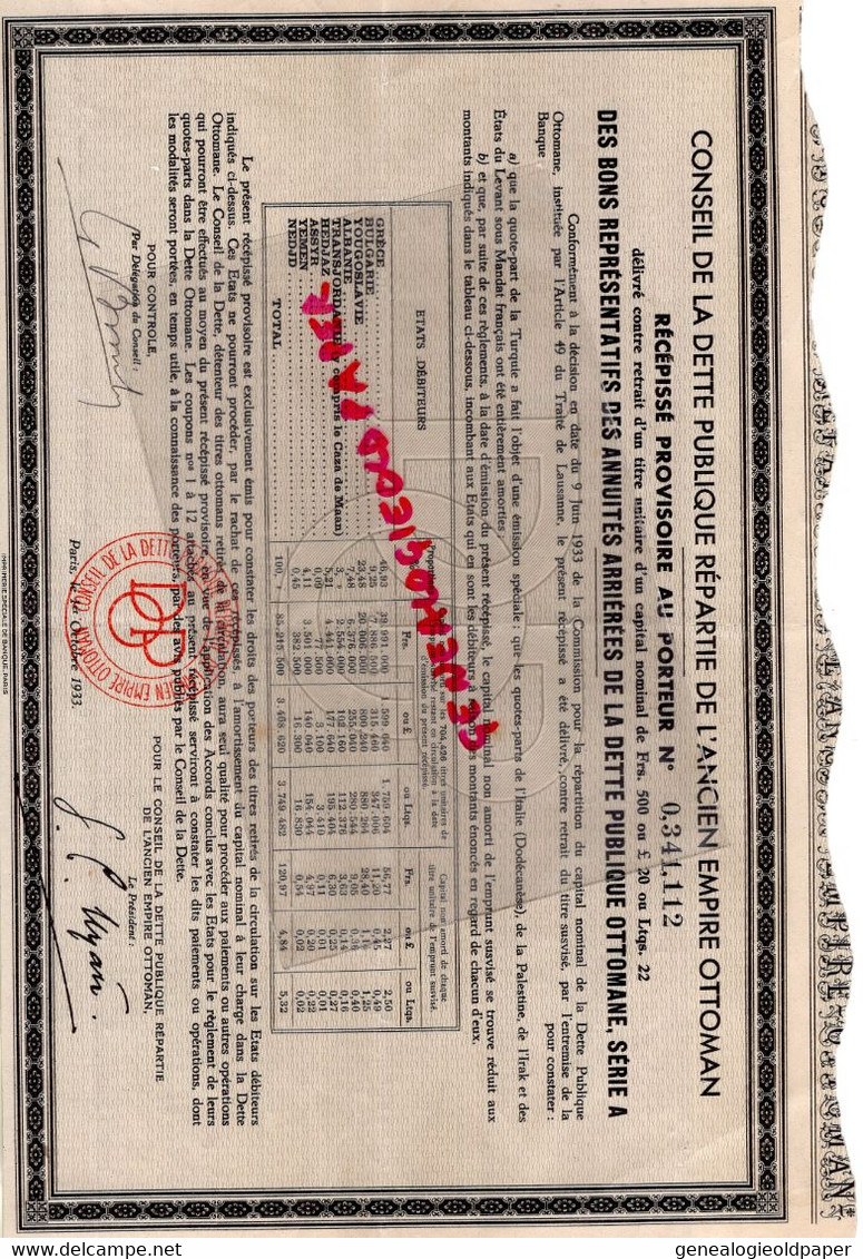 CONSEIL DETTE PUBLIQUE REPARTIE ANCIEN EMPIRE OTTOMAN-SERIE A-PARIS 1933-TRAITE LAUSANNE-TURQUIE-PALESTINE-IRAK-ITALIE - Autres & Non Classés