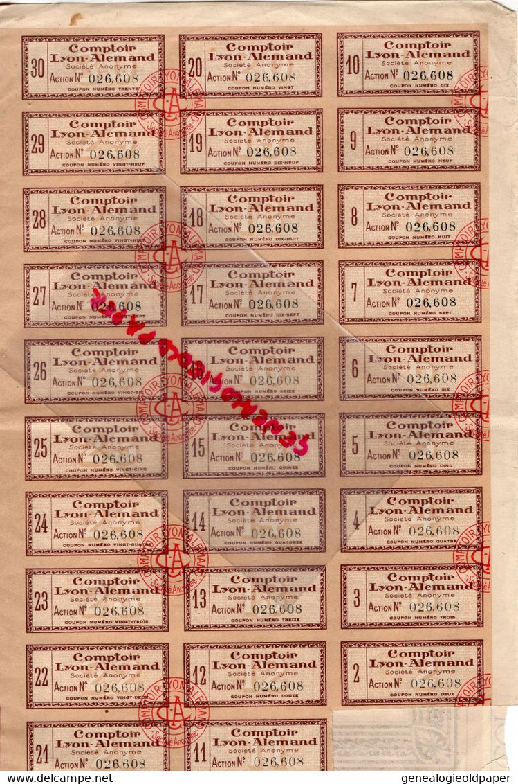 ACTION 125 FRANCS COMPTOIR LYON ALEMAND- AFFINAGE METAUX PRECIEUX-PARIS- 2 MARS 1933- - Mines