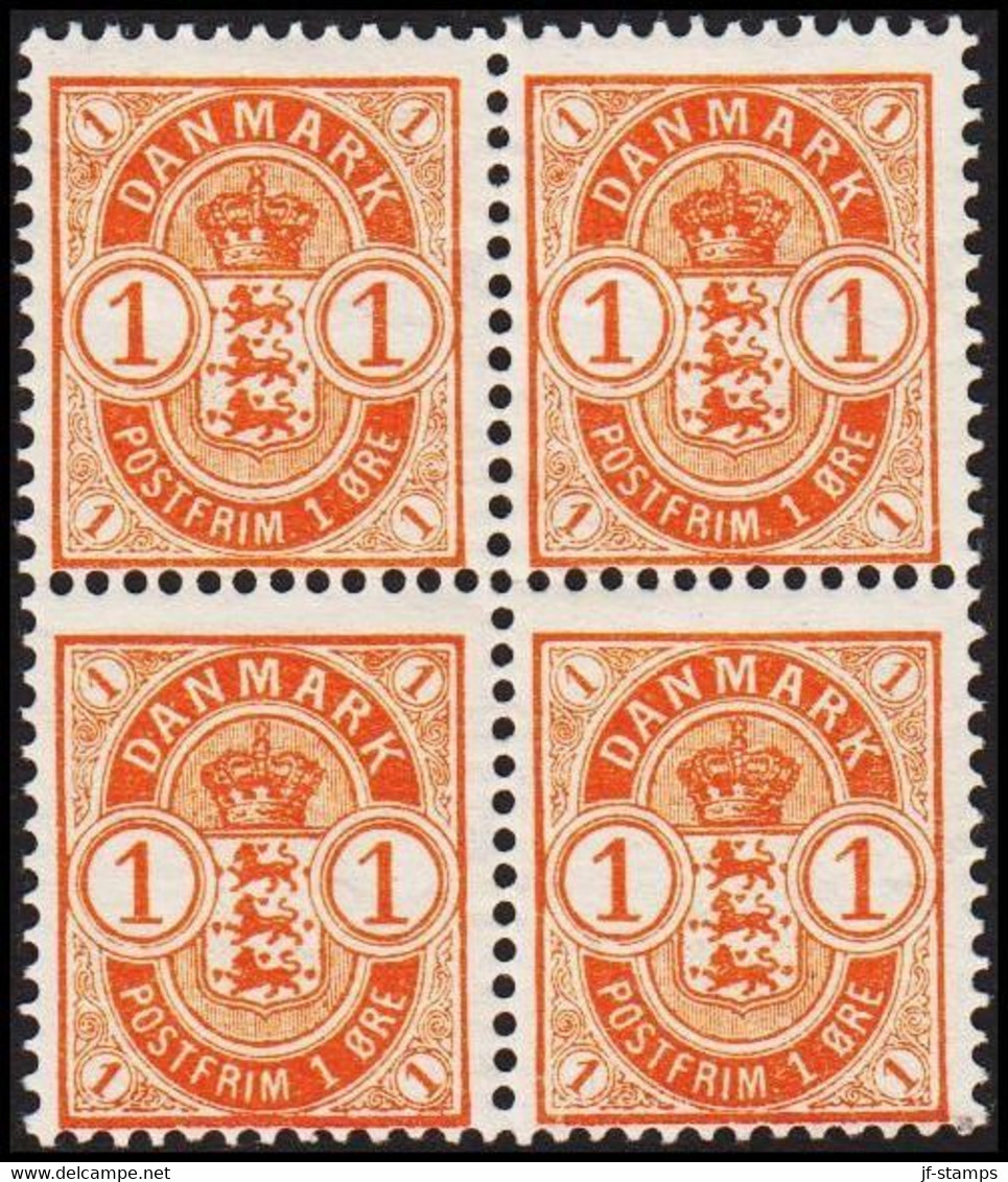 1902. DANMARK. Coat-of Arms. 1 Øre Orange In Block Of 4 With 3 Stamps Never Hinged And One Sta... (Michel 37) - JF521453 - Ongebruikt