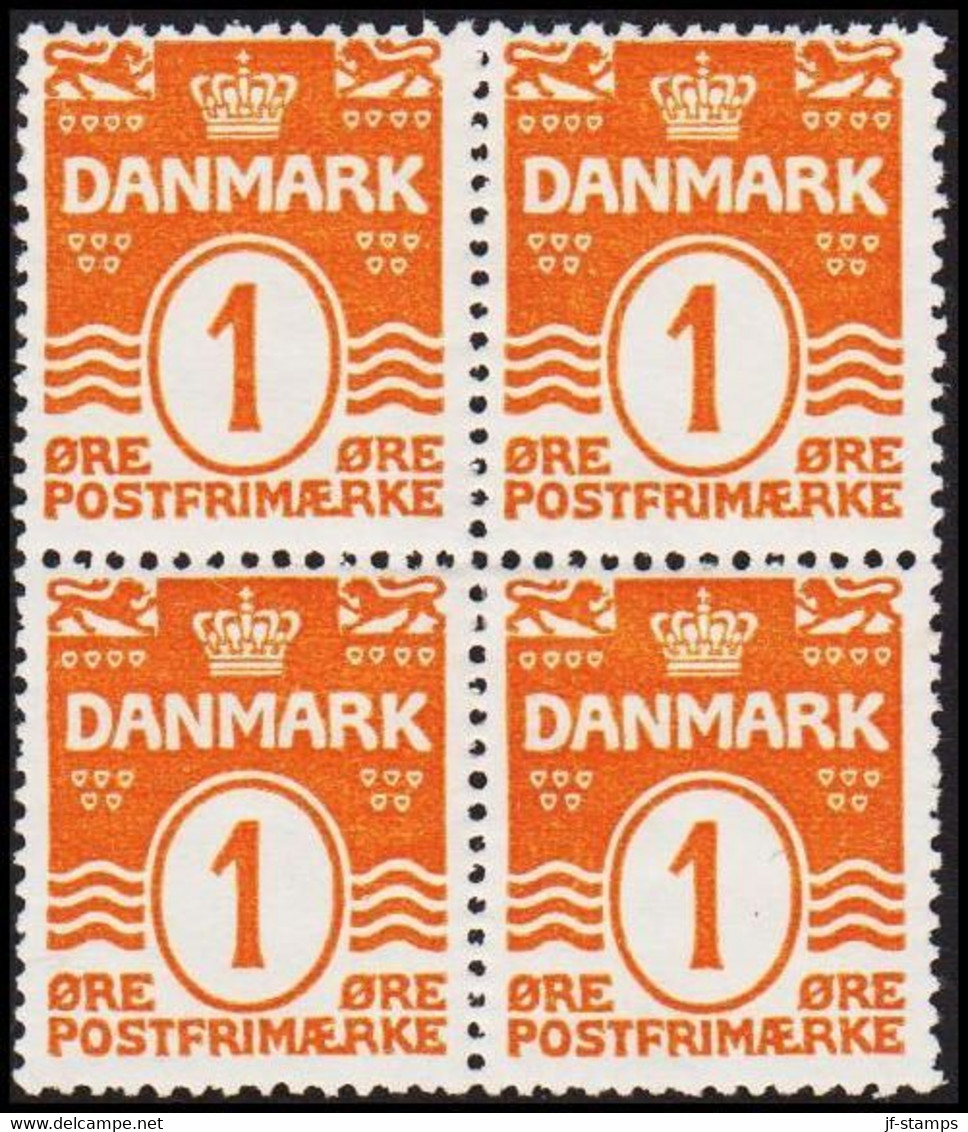 1914. Numeral. 1 Øre Orange. Perf. 14x14½ In Block Of 4 With 3 Stamps Never Hinged And One Sta... (Michel 77) - JF521455 - Ungebraucht