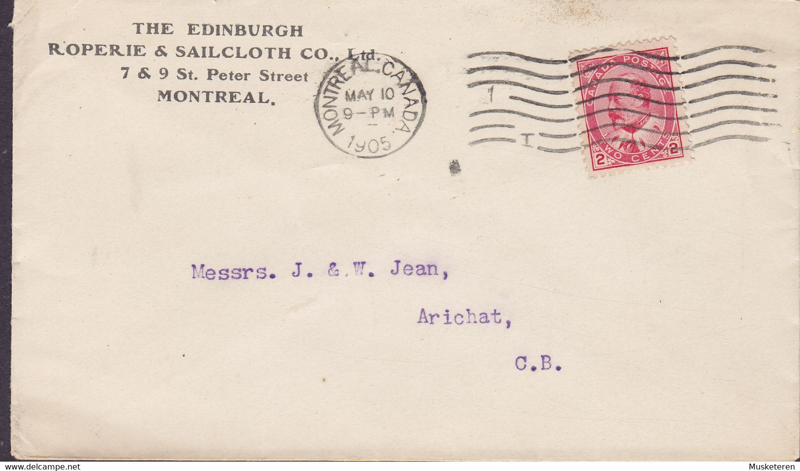 Canada THE EDINBURGH ROPERIE & SAILCLOTH Co., MONTREAL 1905 Cover Lettre ARICHAT (Arr.) Nova Scotia - Storia Postale